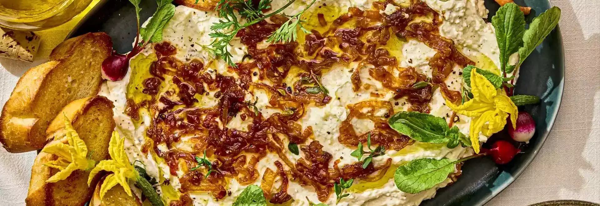 Velvety Ricotta Dip with Sweet Caramelized Shallots and Herbs