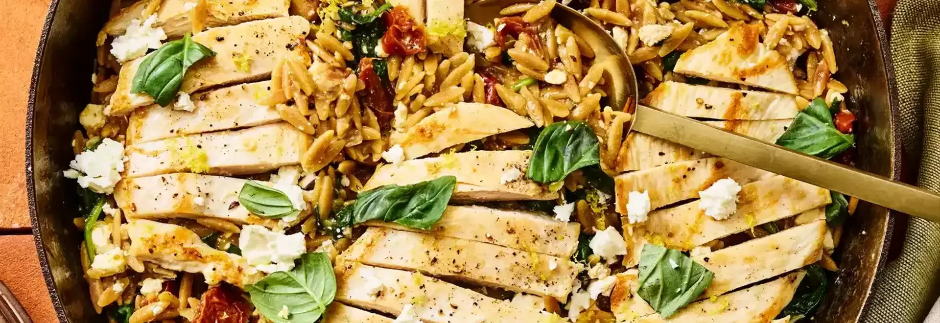 Delectable One-Pan Chicken, Spinach & Sun-Dried Tomato Orzo