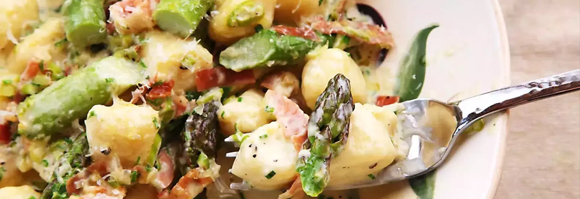 Rapid Ricotta Gnocchi with Spring Asparagus and Prosciutto Cream