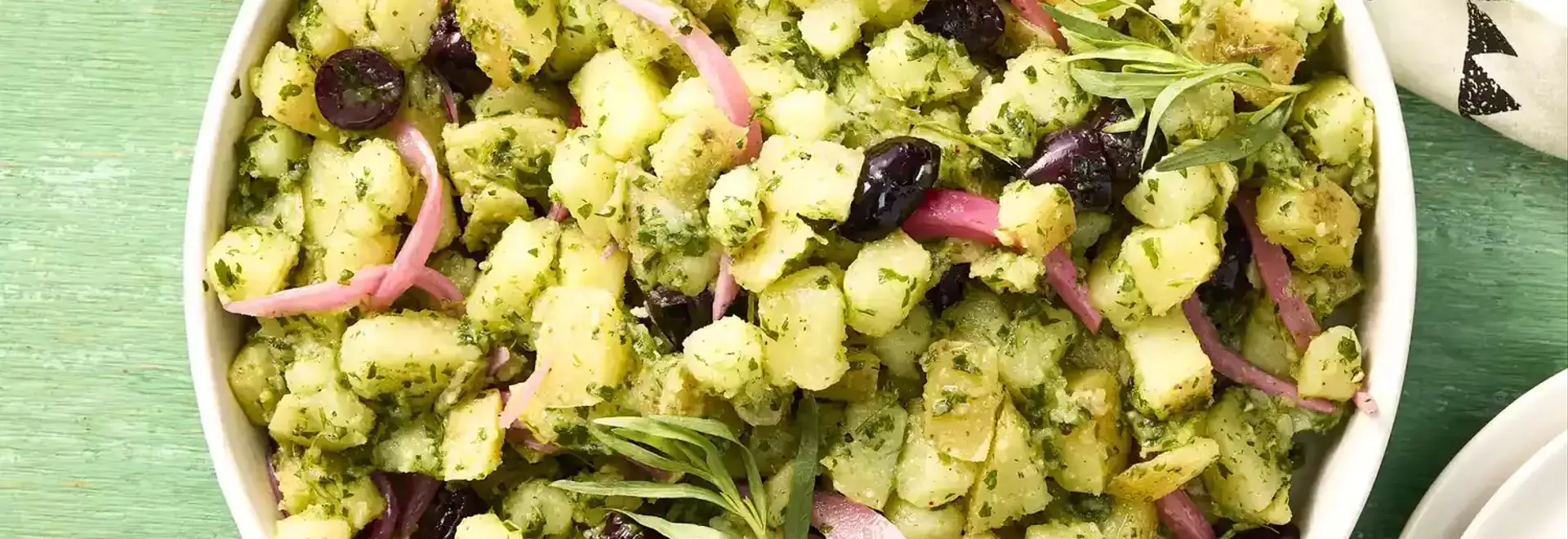 Yukon Gold Potato Salad with Tarragon Pesto and Pickled Onions